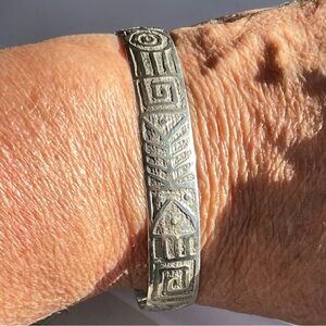 Vintage Ancient Abstract Symbols Sterling Silver Cuff Bracelet